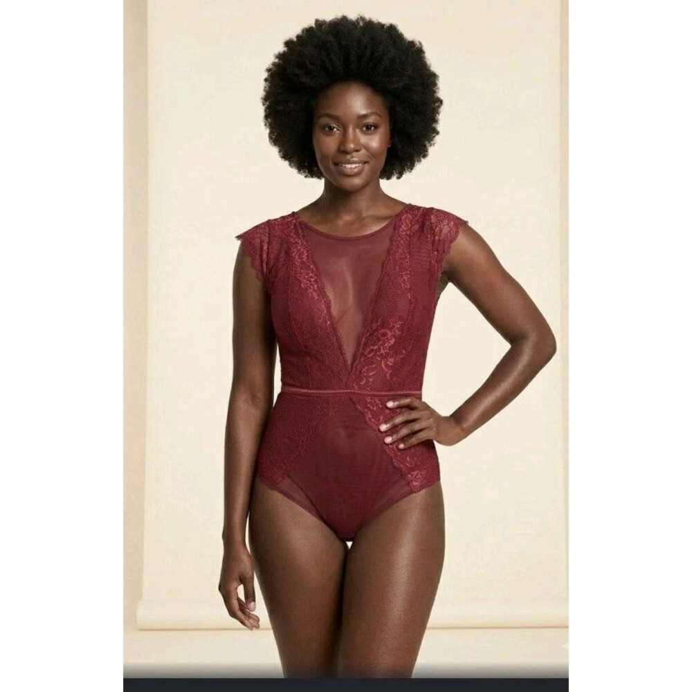 Marilyn Monroe Lace Sheer Bodysuit Size Large Burgundy Wine Cap Sleeve One Piece
